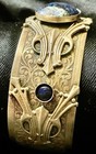 Elaine Coyne Coll  Antique Brass Art Deco Motif Cuff Bracelet - Chrysocolla