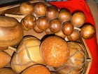 Vintage Mcm Hand-carved Monkey Pod Wood Scalloped Fruit Bowl W  8 Pc  Fruit Set