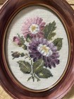 Vtg Pair Handmade Framed Cross Stitch Needlepoint Oval Floral Cottage farmhouse