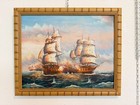 Original Marine Naval Battle Oil Painting Sailing Ships Seascape Framed  Signed