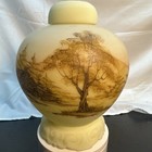 Fenton Satin Custard Glass Log Cabin Ginger Jar With Base   Lid Glows 3pc