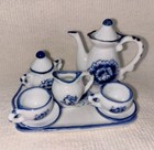 Vintage Blue   White Miniature Chinese Porcelain Tea Set With Tray Made In China