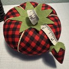 Sewing Pin Cushion Tomato W strawberry Matching Red Black Check Wicker Box