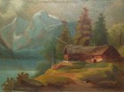 Old Antique Vtg 19th C 1800s Oil Painting Mountain Cabin Oil Board 7 75 X 9 25