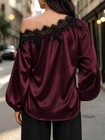 New Solid Color Lace Floral Long Sleeve Casual Asymmetric Top  Contrast Lace