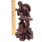 Vintage Happy Asian Fisherman With Fish Hand Carved Wooden Man Figure