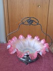 Derby  Silver Co    Cranberry  Pink Gold Burmese Ruffled Antique Brides Basket