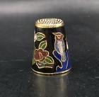 Vintage Chinese Cloisonne Thimble Enamel Brass Flowers Red Cardinal Bird