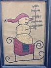 Primitive Snowman In Sleigh Christmas Tree Embroidered Framed Linen Panel Crewel