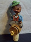 Vintage Hand Carved Wood Mechanical Bottle Stopper Figural Man On Keg Tips Hat