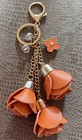 Floral Orange Leather Rose Tassels Crystal Gold Flower Bag Purse Charm Key Chain