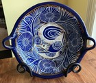 Talavera Mexican Pottery Two Handled Serving Dish Hand Painted Cobalt Blue Bird