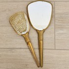 Vintage Gold Tone Hand Mirror And Brush Vanity Set Pink Blue Floral Victorian