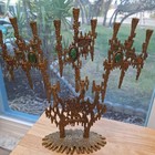 Vintage Wainberg Brutalist 1970 s Ornate Brass Hanukkah Menorah 13  Tall Stones