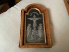 Vtg French Leather Triptych Etched Metal Of Crucifixion   4 Medalions  Gilt