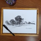 Original Sketch With Black Marker  Rural Landscape  Unique Minimalistic Art