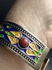 Moroccan Enamel Sterling Silver Coral Cuff Bracelet