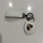 New - Porsche White Emblem Crest Leather Keychain Key Ring Fob Holder - Gift Set