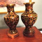 2 Mid Century 9  Chinese Cloisonn   Enamel Mille-fleur Vase Oncarved Wooden Base