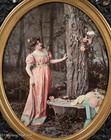 Beautiful Antique Lithograph Victorian Female Lover In Woods With Flowers Fine 