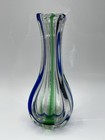 Vintage Art Glass Bud Vase Clear Green Cobalt Blue Stripes Artisan Blown 7   