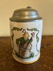 German Lidded Beer Stein Vintage Handarbeit Hand Painted Musician Cello Ret   95