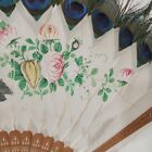 Antique Chinese Painted Peacock Feather Teak Hand Fan Man And Woman W stand