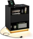 Fluted Nightstand With Charging Station  Wooden Led Bedside End Table 1 Drawer