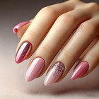 48pcs-medium Almond Press On Nails Solid Pink Gradient Glitter Rhinestone Nails