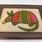 Vintage Embroidered Armadillo Crewel Sunset Jiffy Stitchery Mcm Framed Boho Deco
