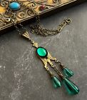 Vintage Necklace Art Nouveau Green Cabochon Chandelier Pendant Czech Glass