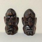 Vintage Pre-1990 Hand Carved Japanese Drk Wooden Mask Pair Folk Art Freestanding
