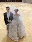 Vtg 50s-60s  Bride   Groom Wedding Cake Topper 4  Tall Painted Plaster   Lace