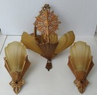 Antique Vintage Amber Slip Shade Ceiling Wall Light Sconce Set Art Deco Rayburn 