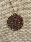 Tibetan Double Mandala Chant Filigree Amulet Pendant On Gold Tone Chain Nepal