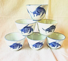 6 Matching Asian Blue Koi Fish Rice Sauce Soup Sake Cups Teacups Marked China