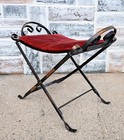 Antique Japanned Wrought Iron Red Velvet Piano Organ Bench Vanity Stool Seat
