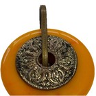 Vintage Butterscotch Bakelite Disk Ornate Metal Center Pendant Mcm Caramel