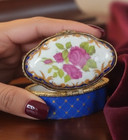 Vintage German Neundorf Hand Painted Porcelain  Trinket Box Roses Gilt Brass Old