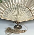 Antique French Painted Silk 27cm Fan  Carved Bone Guard And Sticks  Silk Tassel