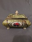 Vintage Art Deco Tin Gold Green Faux Marble Floral Trinket Box