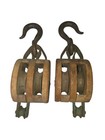Antique Wooden Double Pulley Blocks Anchor Iron Hooks Nautical Maritime Pair
