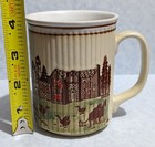 Vintage 1970 s Ribbed Coffee Mug Farm Barn Scene Log Cabin Mid Century Modern