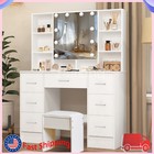 White Vanity Jewelry Makeup Dressing Table Set W stool 7 Drawer Mirror Wood Desk