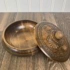 Vintage Hand Carved Round Wooden Turned Trinket Box With Lid Boho