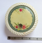 Vintage Art Deco Ribbed Glass Vanity Powder Jar Box Floral Metal Lid