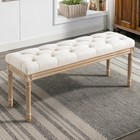 44  Beige French Tufted End Of Bed Ottoman Bench Carved Wood Legs