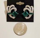 Vintage Crystal Stud Pierced Earrings  Green Solitaire Baguettes Art Deco Style