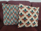 Vntg Set Of 2 Bargello Needlepoint 16x16  Pillows In Green  Rust    Beige Shades