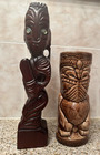 2 Vtg Maori Carved Solid Wood Teko Statue New Zealand   Tiki Farm Mug By Jimmy C